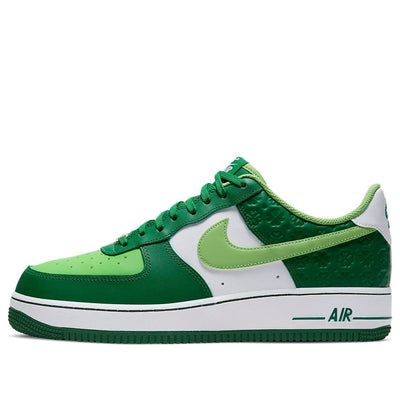Green and white Nike Air Force 1 St. Patrick’s Day sneaker, side view