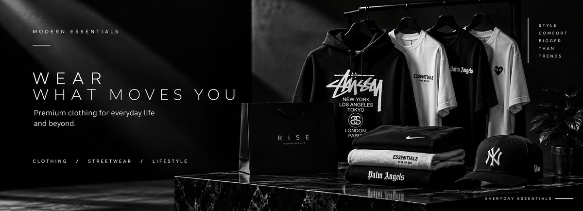Rise Clothing monochrome streetwear collection hero